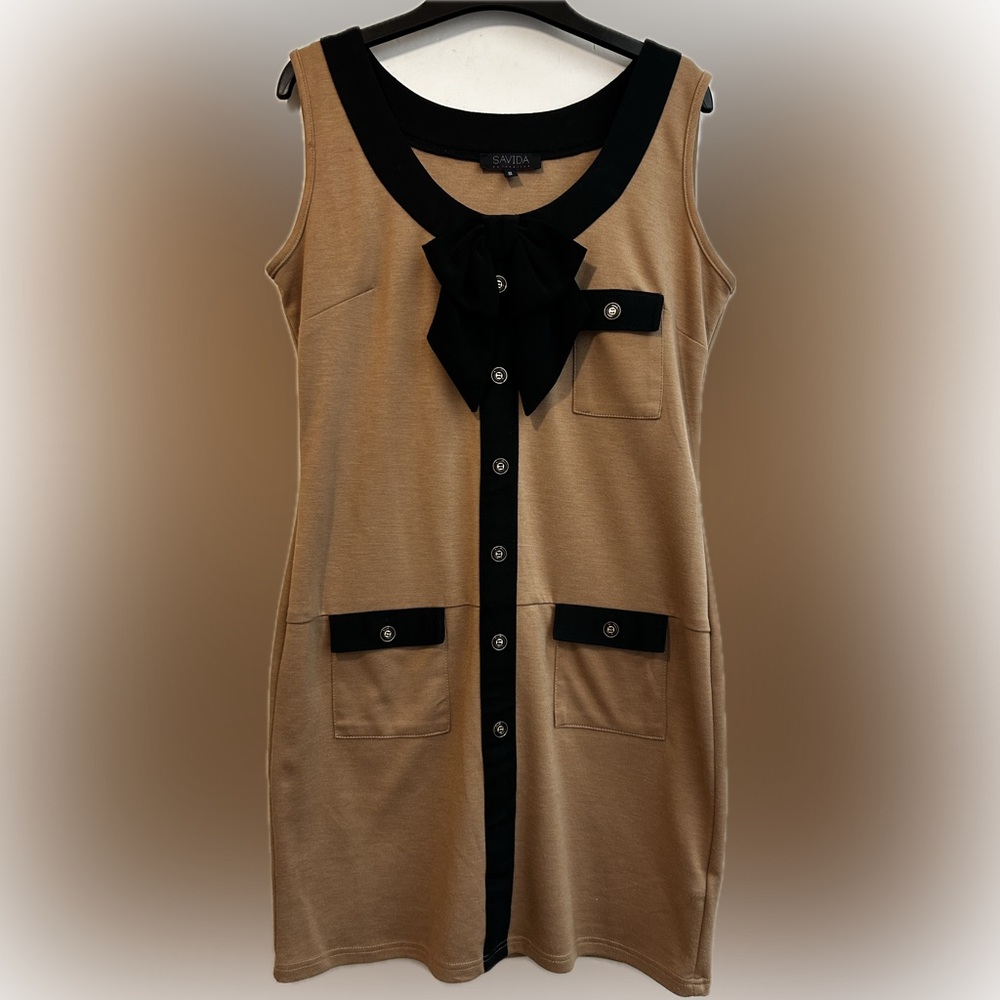 2-Tone Black & Tan Sleeveless Mini Dress Pockets Buttons Bows Size UK 12 (US 8)